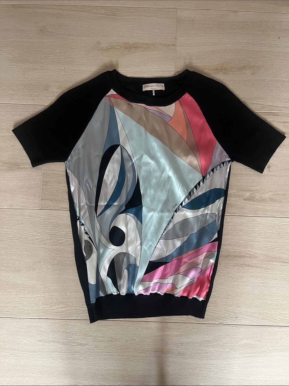 Emilio Pucci Black Short-Sleeve Top with Multi-Color Abstract Silk Front